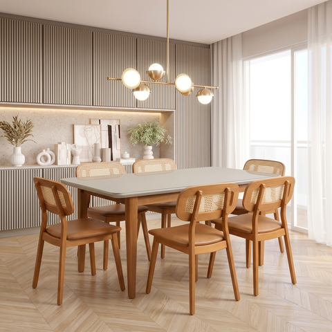 Conjunto Sala de Jantar Mesa Tangará Vidro e 6 Cadeiras Liz Madeira Maciça CabeCasa MadeiraOriginals Marrom/Off White/Caramelo