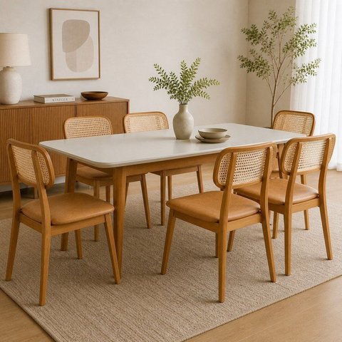 Conjunto Sala de Jantar Mesa Tangará Vidro e 6 Cadeiras Liz Madeira Maciça Cabecasa Madeiraoriginals