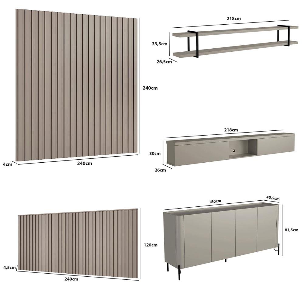 Kit para Sala de Estar 5 Peças com Buffet e Painel 100% Mdf Cor:grigio com Preto - 3