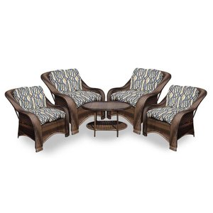 Conjunto de Poltronas Fibra Sintética Melo - 4 Poltronas + 1 Mesa Centro - Tecido Corda Náutica