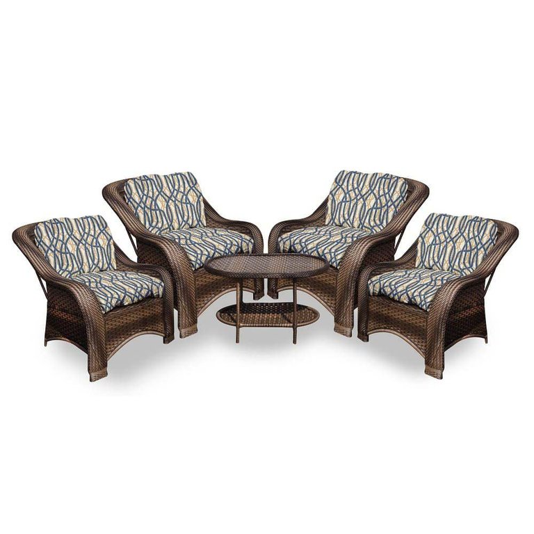 Conjunto de Poltronas Fibra Sintética Melo - 4 Poltronas + 1 Mesa Centro - Tecido Corda Náutica