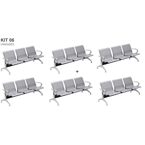 Kit com 06 Cadeiras Longarina Aeroporto Cromada 3 Lugares