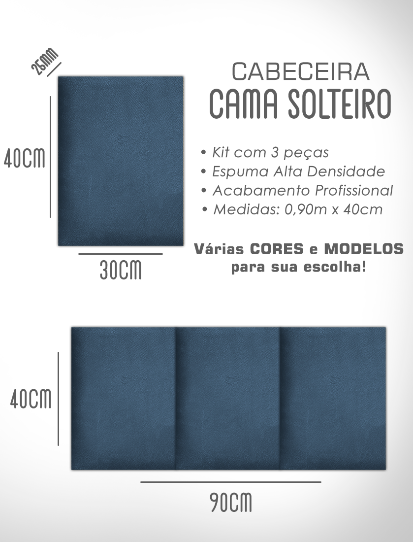 Kit 3 Módulos Cabeceiras de Cama Box Solteiro Estofada Modulada 90x40cm - 9