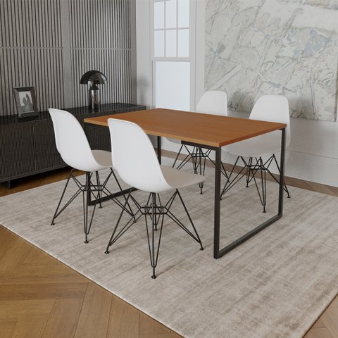 Mesa Industrial Base Ferro Preto 137x90 Tampo Canela 4 Cadeiras Eiffel Ferro Preto Assento Branco