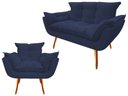 Ver imagem 1 de Kit Namoradeira + Poltrona Decorativa Opala Suede Azul Marinho Pés Madeira Mz Decor