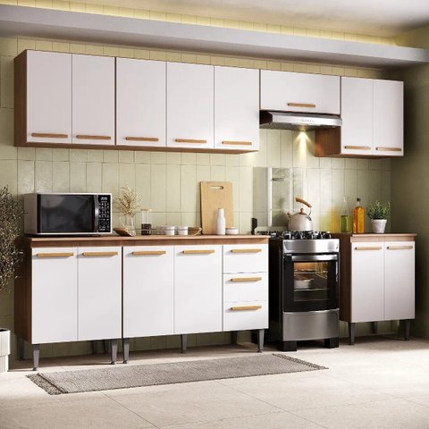 Cozinha Modulada 300cm com Aéreo e Balcão Móveis Jóia Mercedes - Madeirada Branca