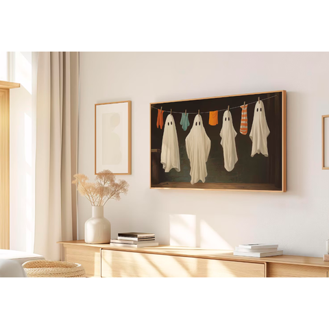Quadro Decorativo N°125 85x50cm - Panorâmico Halloween Fantasmas no Varal - Rollflex