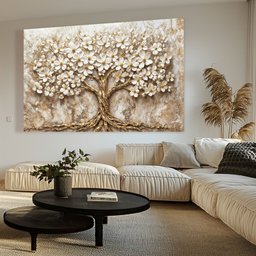 Quadro Decorativo Árvore da Vida Flores Brancas Fundo com Textura Sala Quarto Casa Escritório - 1