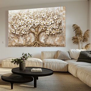 Quadro Decorativo Árvore da Vida Flores Brancas Fundo com Textura Sala Quarto Casa Escritório