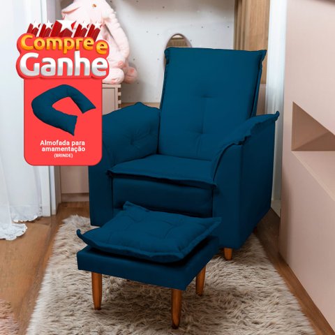 Poltrona Amamentação e Puff Bela Veludo Azul Marinho Espuma D26 Tana Decor