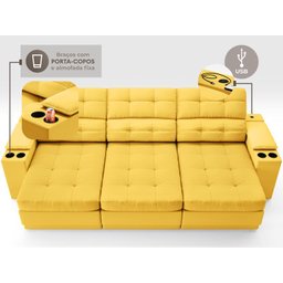 Sofá com Porta Copos e Carregador USB Eureka 2,30m Assento Retrátil e Reclinável Velosuede - 5