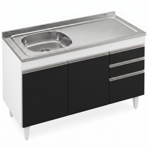 Balcão de Cozinha com Pia Inox Deslocada 120cm Ávila Branco/Preto L03 - Mpozenato