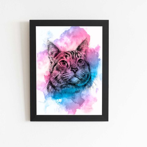 Quadro Gato Animais Pets Arte Aquarela Moldura 30x40cm