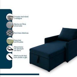 Sofá 3 em 1 Chaise, Cama e Baú Neve Azul Estofama - 4