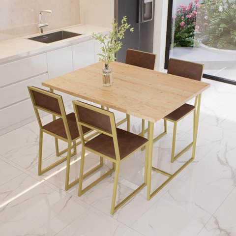 Conjunto Mesa de Jantar Retangular Pinus 4 Cadeiras Estofado Riviera Industrial Dourado Don Castro D