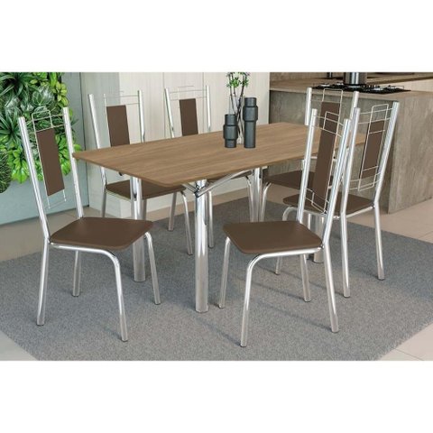 Conjunto: Mesa Sala Jantar Elba C/ Tampo de Madeira 160cm e 6 Cadeiras Florença Cromada/nogueira -