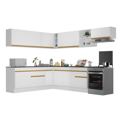Armário de Cozinha Completa de Canto com Rodapé Veneza Multimóveis V2103 Branco/Dourado