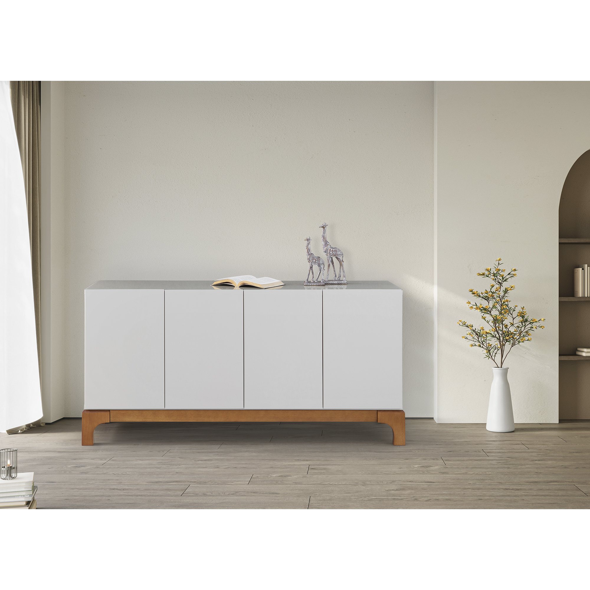 Balcão Buffet 4 Portas 3 Gavetas para Sala de Jantar Cozinha - Perseu Off White/imbuia:180x45cm - 2