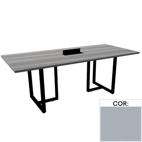 Mesa de Reunião com Caixa de Tomada Retangular 200x90 cm Pé Tubular PE25 em MDP Cinza com Base Cinza