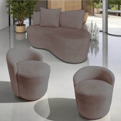 Kit Namoradeira + 2 Poltronas Yara Orgânica Bouclé Capuccino