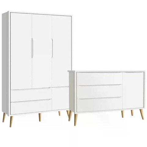 Guarda Roupa 3 Portas e Cômoda com Porta Theo Branco Fosco Pés Madeira Natural - Reller Móveis