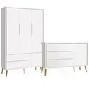 Ver imagem 1 de Guarda Roupa 3 Portas e Cômoda com Porta Theo Branco Fosco Pés Madeira Natural - Reller Móveis