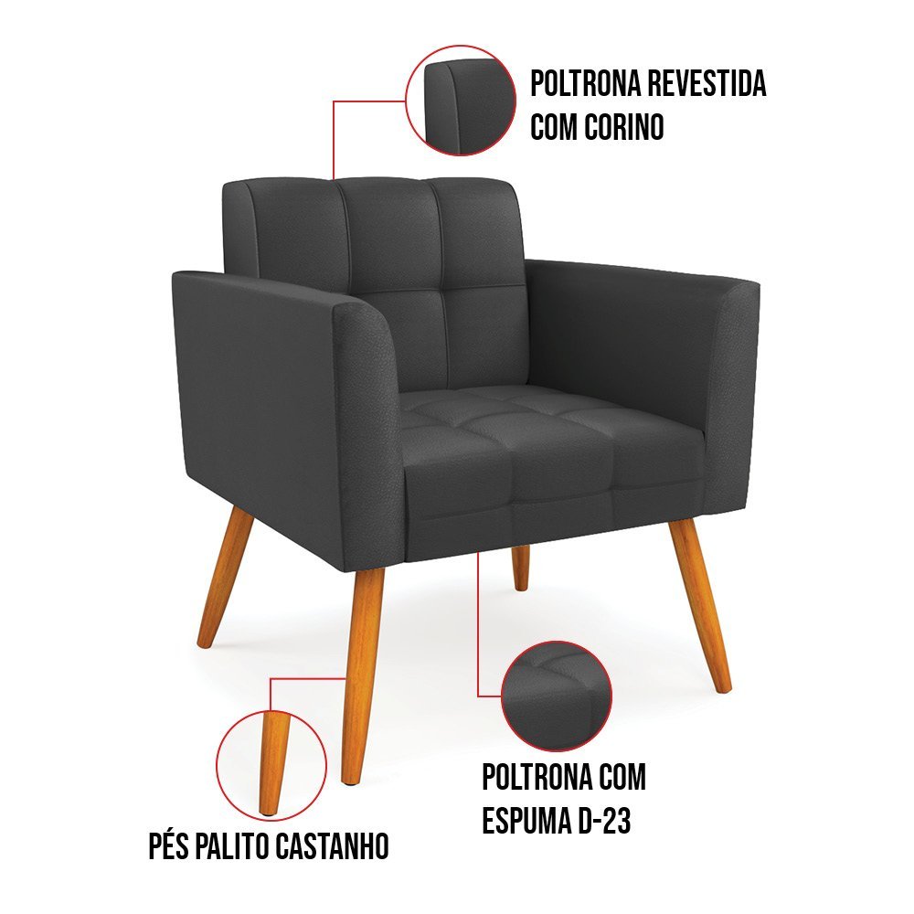 Kit 1 Sofá Namoradeira e 2 Poltronas Elisa Corino Preto Pés Palito Castanho - D'Rossi DRossi - 6