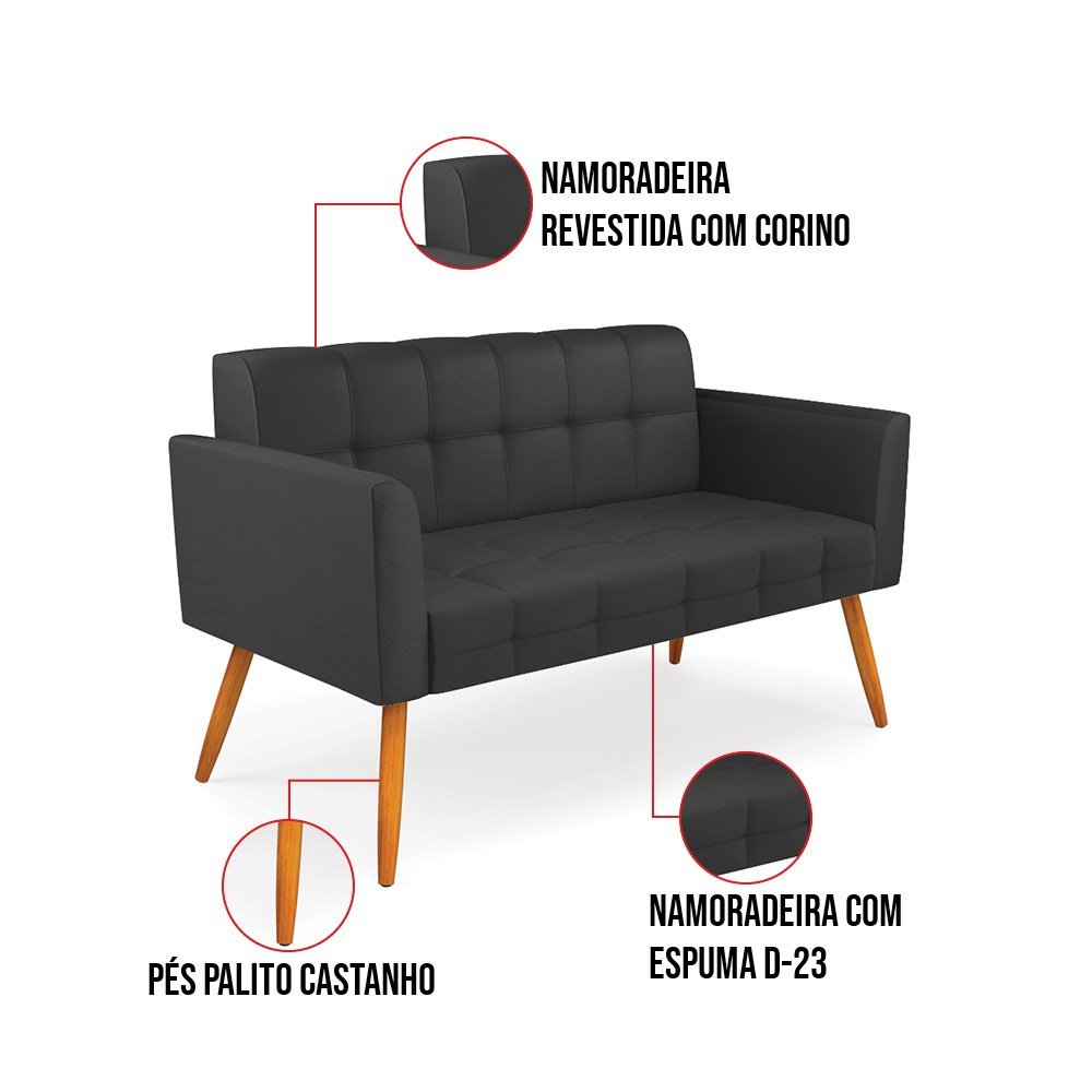 Kit 1 Sofá Namoradeira e 2 Poltronas Elisa Corino Preto Pés Palito Castanho - D'Rossi DRossi - 5