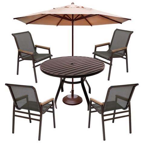 Jogo de Mesa 90cm Alumínio 4 Cadeiras Sling Piscina Jardim + Ombrelone