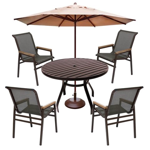 Jogo de Mesa 90cm Alumínio 4 Cadeiras Sling Piscina Jardim + Ombrelone