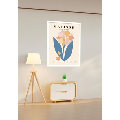 Quadro Decorativo Matisse Flor Folha Azul - 70x50cm:moldura Branca