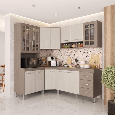 Armário de Cozinha Modulada Completa Fidelitá Paris 5 Peças 340cm 12 Portas 3 Gavetas com Tampo