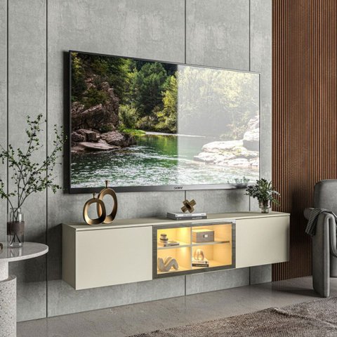 Rack para TV até 60 Polegadas Luminare 3 Portas com Vidro e LED 100% MDF Off White - Gelius