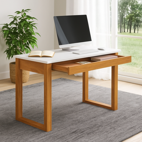 Mesa de Escritório em Off White e Freijó 1 Gaveta 118cm Industrial Freijo E Off White