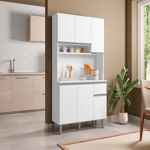 Armário de Cozinha Compacta 105cm 6 Portas 1 Gaveta Modulada Márcia MDP Branco Completa