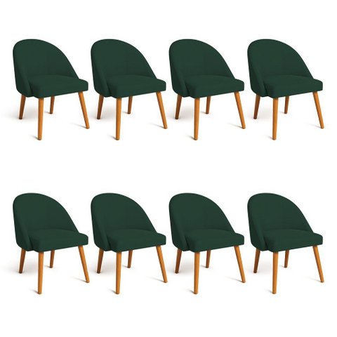 Kit 08 Cadeiras Poltrona de Jantar Luna Suede Verde Pés Palito Castanho