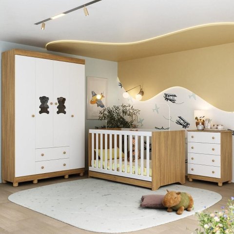Quarto de Bebê Completo com Berço Americano 3 em 1 Fofura Multimóveis Mp4649 Madeirado/branco