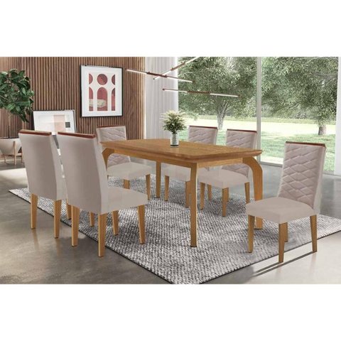 Conjunto: Mesa Sala Jantar Londrina C/ Tampo Madeirado Canto Curvo 180x90cm e 6 Cadeiras Maldivas