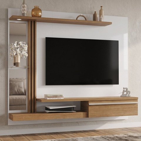 Painel para TV até 55 Polegadas com LED e Espelhos 136cmx160cm Denver Móveis Bechara Off White/Cinamomo