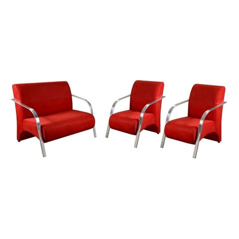 Conjunto Sevilha 2 Poltronas + 1 Namoradeira Braço Alumínio Decoração Recepção Sala - Suede Vermelho
