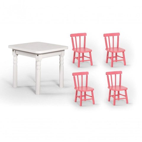 Conjunto Mesinha Infantil Branca com 4 Cadeiras Kids Rosa