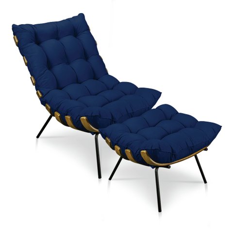 Kit Poltrona Costela com Puff Para Sala Suede Azul Marinho