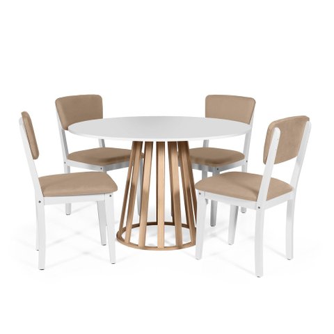 Mesa de Jantar Redonda Gabi Bran/jade com 4 Cadeiras Estofadas Ella Branco/marrom Claro
