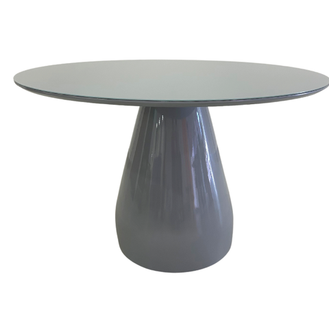 Mesa de Jantar Cone Balonê Redonda 130 Cm Tampo Laca Cinza + Vidro Base Cinza