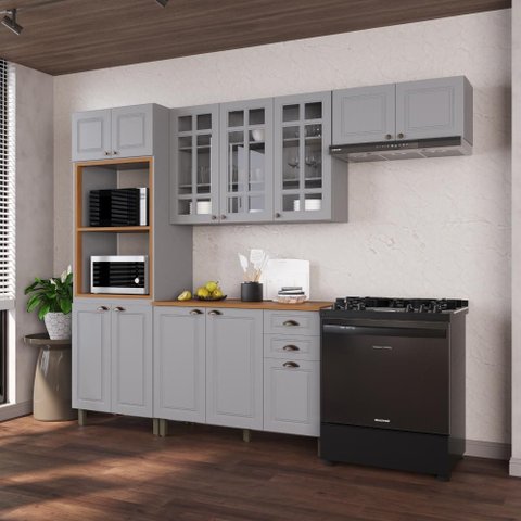 Armário de Cozinha Modulada Compacta Fidelitá Nara 100% MDF 4 Peças 270cm 12 Portas 2 Gavetas com