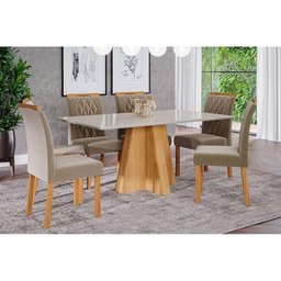 Conjunto: Mesa Sala Jantar Patrícia c/ Tampo Madeirado 160cm + 6 Cadeiras Juliana Madeira/Suede - 6