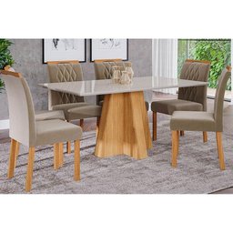 Conjunto: Mesa Sala Jantar Patrícia c/ Tampo Madeirado 160cm + 6 Cadeiras Juliana Madeira/Suede - 1