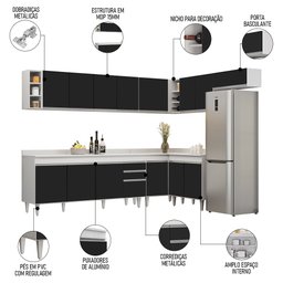 Armário de Cozinha Modulado de Canto 8 Peças Cp25 Balcão sem Tampo Branco/preto - Lumil Lumil Móveis - 3