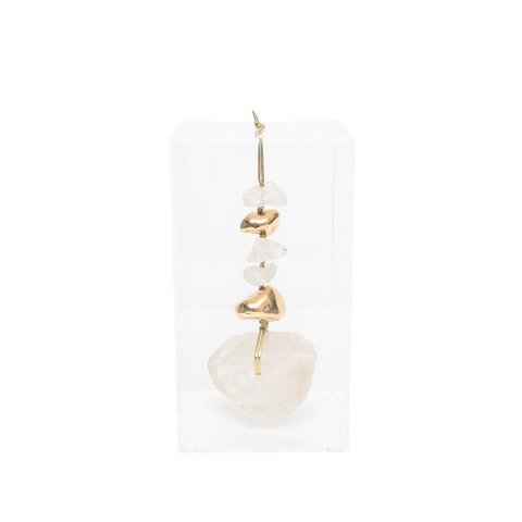 Caixa de Acrílico Decorativa com Pedra Quartzo Cristal Bruto e Dourado M