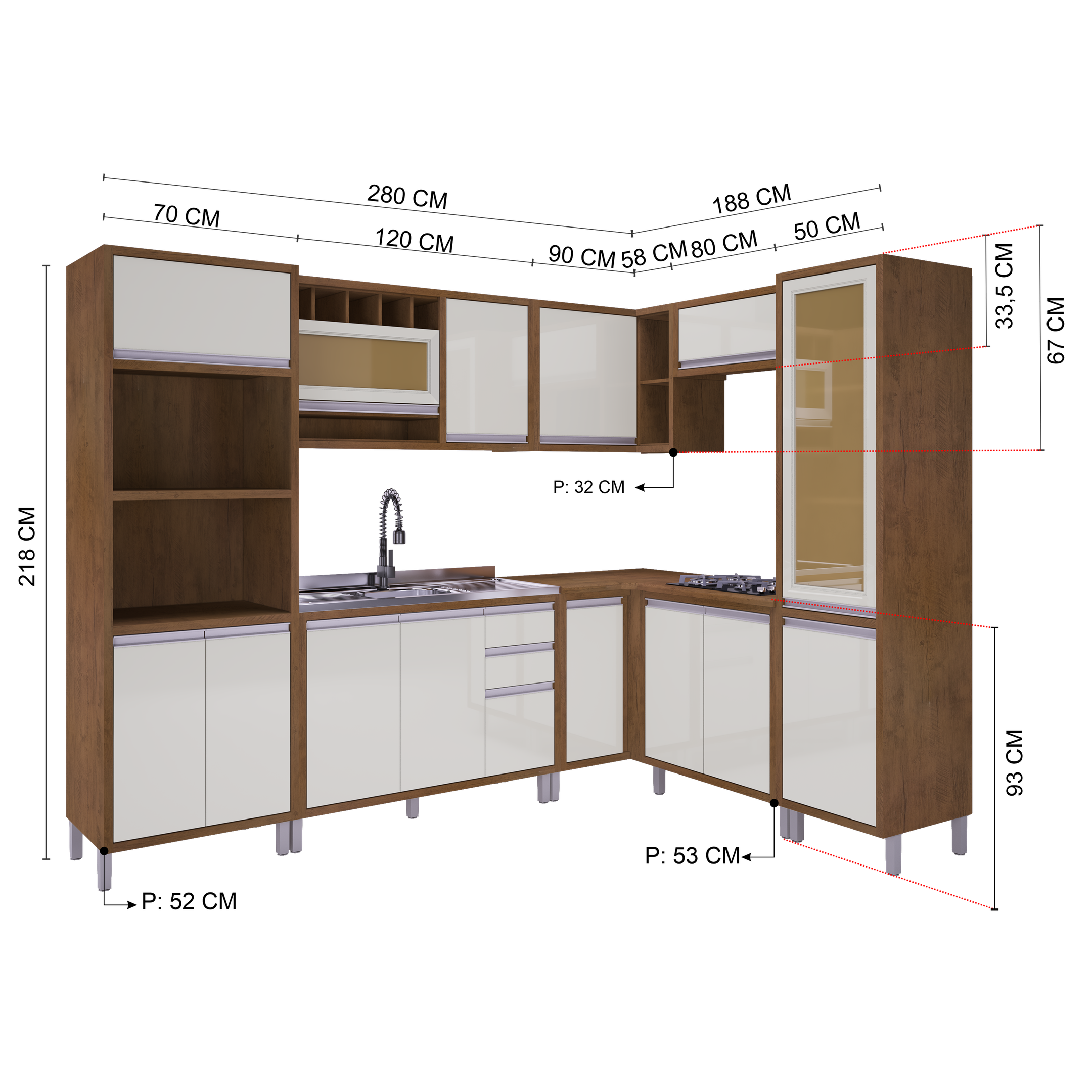 COZINHA COMPLETA PREDILLETA MAITE MODULADA 8 PECAS 468CM 15 PORTAS 2 GAVETAS SEM TAMPO NOCE OFF - 4